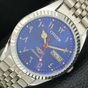 Vintage 1991 Citizen Automatic Mens Silver Watch W/daydate & Blue accents